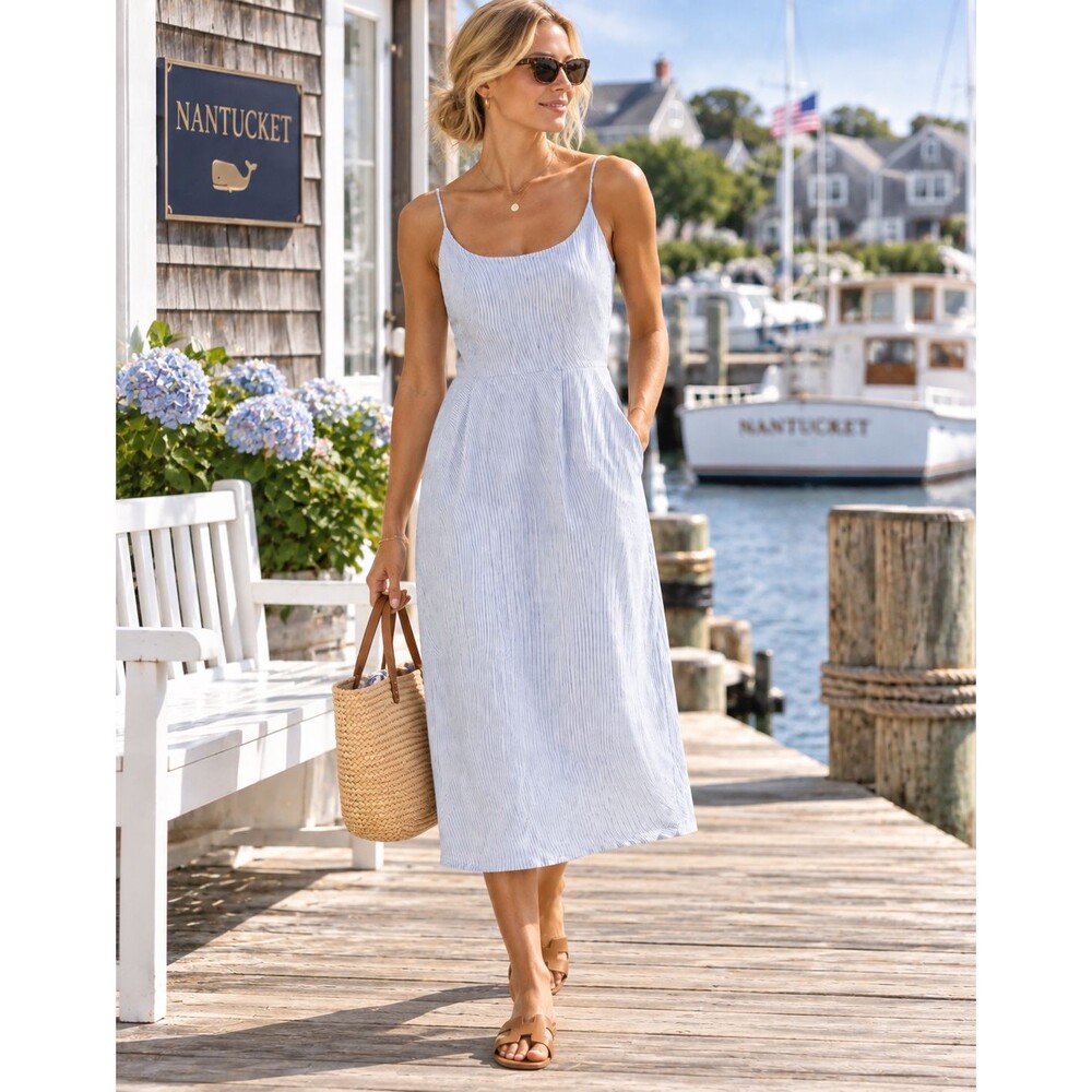NWT Quince 100% European Linen Scoop Neck Midi Dress M Blue White Stripe Coastal